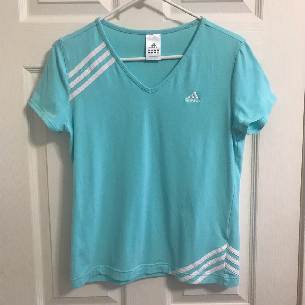 Adidas V-Neck Activewear Top Blue White Size Medium Athletic Performance Tee - Picture 3 of 8